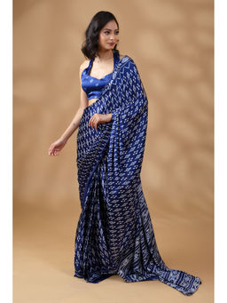 HANDME - Indigo Whisper Satin Saree In Deep Blue Hues with Unstitched Blouse