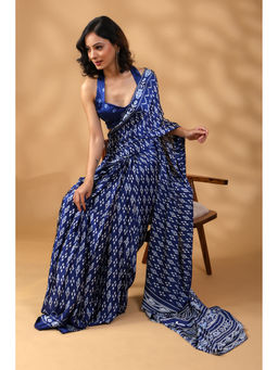 HANDME - Pre-Draped Indigo Whisper Satin Saree In Deep Blue Hues with Unstitched Blouse