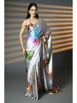 HANDME - Silver Pre-Draped Dreamy Digital Print Satin Saree with Unstitched Blouse