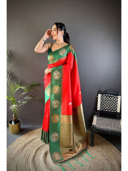 Elora - Red Soft Silk Butti Zari Weaving Work Banarasi Saree with Unstitched Blouse