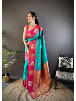 Elora - Teal Soft Silk Butti Zari Weaving Work Banarasi Saree with Unstitched Blouse