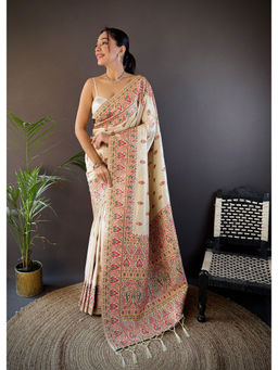 Elora - Ivory Silk Meena Weaving Pashmina Work Kashmiri Saree with Unstitched Blouse
