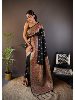 Elora - Black Silk Meena Weaving Pashmina Work Kashmiri Saree with Unstitched Blouse
