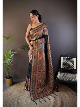 Elora - Black Silk Meena Weaving Pashmina Work Kashmiri Saree with Unstitched Blouse