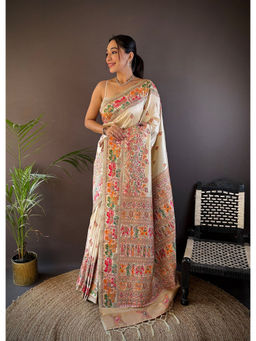 Elora - Ivory Silk Meena Weaving Pashmina Work Kashmiri Saree with Unstitched Blouse