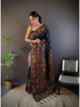 Elora - Black Silk Meena Weaving Pashmina Work Kashmiri Saree with Unstitched Blouse
