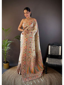 Elora - Ivory Silk Meena Weaving Pashmina Work Kashmiri Saree with Unstitched Blouse