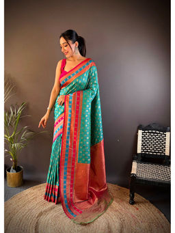 Elora - Teal Soft Silk Butti Zari Weaving Work Banarasi Saree with Unstitched Blouse