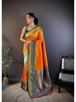 Elora - Orange Soft Silk Butti Zari Weaving Work Banarasi Saree with Unstitched Blouse
