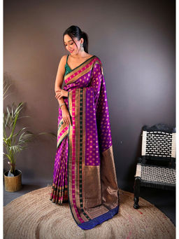 Elora - Purple Soft Silk Butti Zari Weaving Work Banarasi Saree with Unstitched Blouse