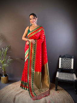 Elora - Red Soft Silk Butti Zari Weaving Work Banarasi Saree with Unstitched Blouse