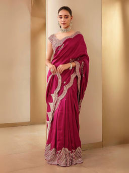 Odette - Maroon Silk Blend Embellished Saree with Unstitched Blouse
