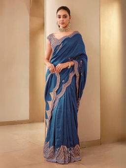 Odette - Teal Blue Silk Blend Embellished Saree with Unstitched Blouse