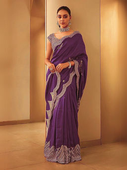 Odette - Wine Silk Blend Embellished Saree with Unstitched Blouse