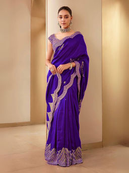 Odette - Blue Silk Blend Embellished Saree with Unstitched Blouse