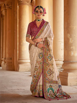 Elora - Poly Viscose Silk Woven Butti Position Print Desginer Saree(Cream)