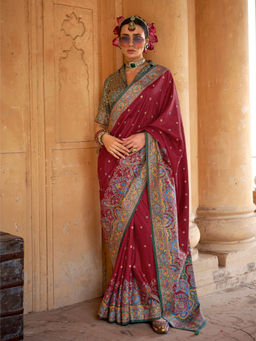 Elora - Poly Viscose Silk Woven Butti Position Print Desginer Saree(Maroon)