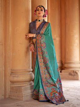 Elora - Poly Viscose Silk Woven Butti Position Print Desginer Saree(Turquoise)