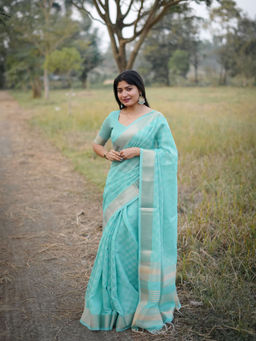 Odette - Sky Blue Silk Blend Woven Saree with Unstitched Blouse