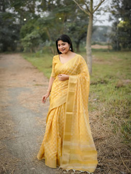 Odette - Yellow Silk Blend Woven Saree with Unstitched Blouse