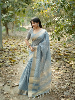 Odette - Grey Silk Blend Woven Saree with Unstitched Blouse