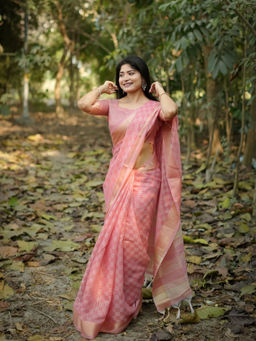 Odette - Peach Silk Blend Woven Saree with Unstitched Blouse