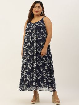 theRebelinme - Plus Size Women Navy Rose Floral Printed A-Line Sleeveless Maxi Dress