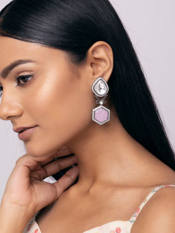 Indya - Silver Pink Kundan Dangler Earrings