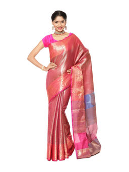 Banarasi Silk Works - Pink Kanchi Silk Zari Pattu Border Saree with Unstitched Blouse