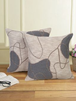 Eyda - Beige and Grey Color Embroidered Cotton Cushion Covers Set of 2-18x18 inch