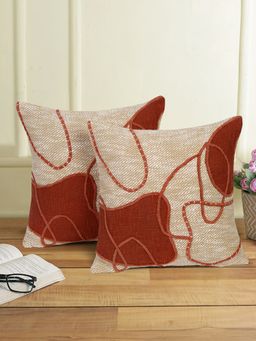 Eyda - Beige and Red Color Embroidered Cotton Cushion Covers Set of 2-18x18 inch