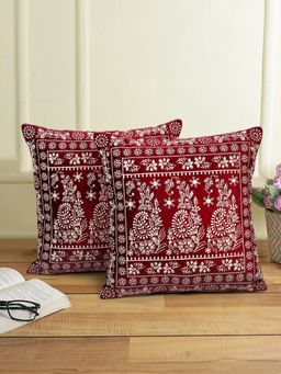 Eyda - Maroon Color Embroidered Velvet Cushion Covers Set of 2 - 18x18 inch