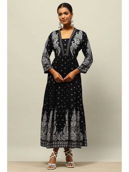 Rangriti - Black Floral A-Line Midi Dress