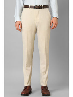 Louis Philippe - Men Cream Slim Fit Stripe Flat Front Formal Trousers