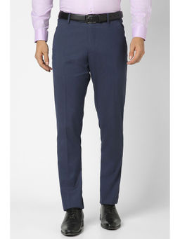 Peter England - Men Navy Textured Slim Fit Formal Trousers