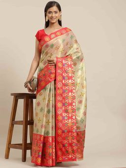 Silk Land - Ikat Woven Design Saree with Unstiched Blouse Piece Beige with Unstitched