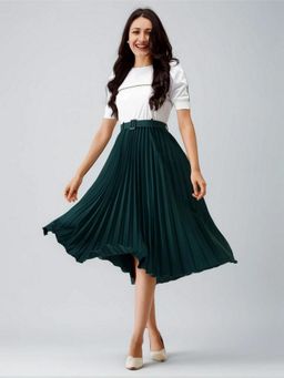 Twenty Dresses by Nykaa Fashion - Womens Green Solid Crepe Calf Length Dress with Belt