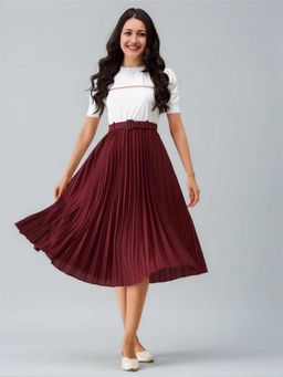 Twenty Dresses by Nykaa Fashion - Womens Maroon Solid Crepe Calf Length Dress with Belt