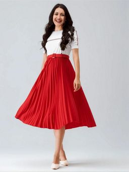 Twenty Dresses by Nykaa Fashion - Womens Red Solid Crepe Calf Length Dress with Belt