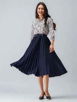 Twenty Dresses by Nykaa Fashion - Womens Navy Blue Floral Crepe Calf Length Dress with Belt