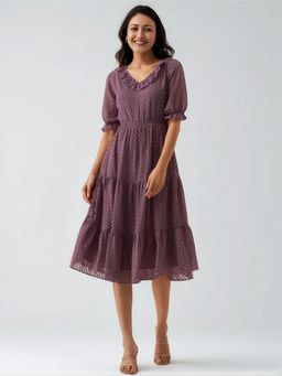 Twenty Dresses by Nykaa Fashion - Womens Greyish Mauve Self Design Crepe Calf Length Dress