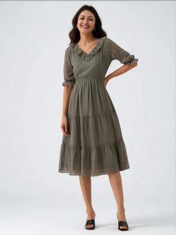 Twenty Dresses by Nykaa Fashion - Womens Grey Self Design Crepe Calf Length Dress