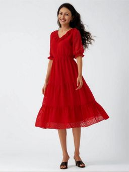 Twenty Dresses by Nykaa Fashion - Womens Red Self Design Crepe Calf Length Dress