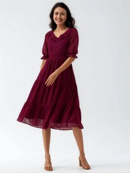 Twenty Dresses by Nykaa Fashion - Womens Wine Self Design Crepe Calf Length Dress