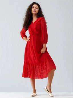 Twenty Dresses by Nykaa Fashion - Womens Red Self Design Crepe Calf Length Dress