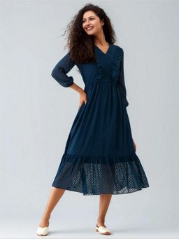 Twenty Dresses by Nykaa Fashion - Womens Teal Blue Self Design Crepe Calf Length Dress