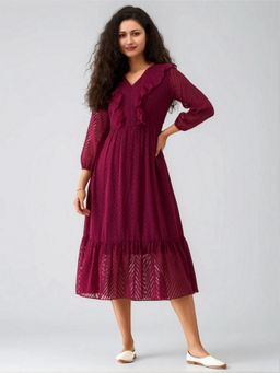 Twenty Dresses by Nykaa Fashion - Womens Wine Self Design Crepe Calf Length Dress