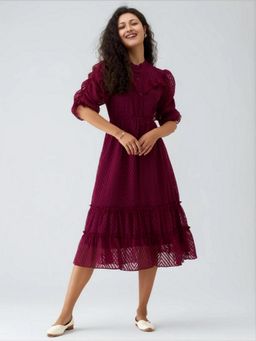 Twenty Dresses by Nykaa Fashion - Womens Wine Self Design Crepe Calf Length Dress