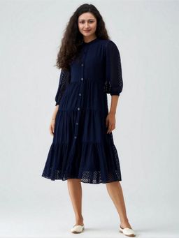 Twenty Dresses by Nykaa Fashion - Womens Navy Blue Self Design Crepe Calf Length Dress