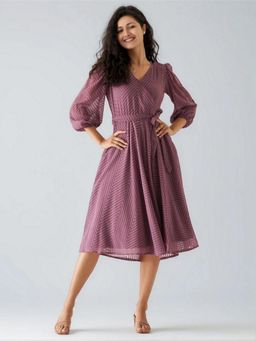 Twenty Dresses by Nykaa Fashion - Womens Greyish Mauve Self Design Calf Length Dress with Belt